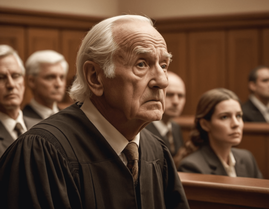 old ma in court room with people behind him