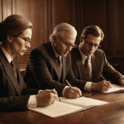 two buisness men and a woman writing a contract